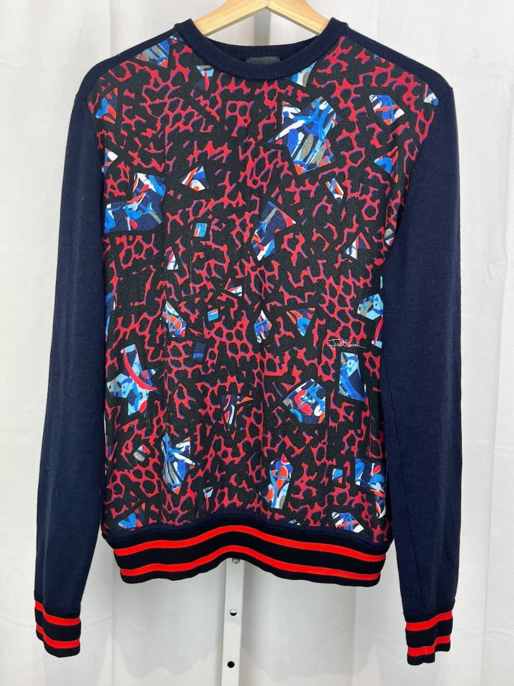 JUST CAVALLI Size S Italy Patterned Crew Neck Sweater Pullover Navy Blue Red
